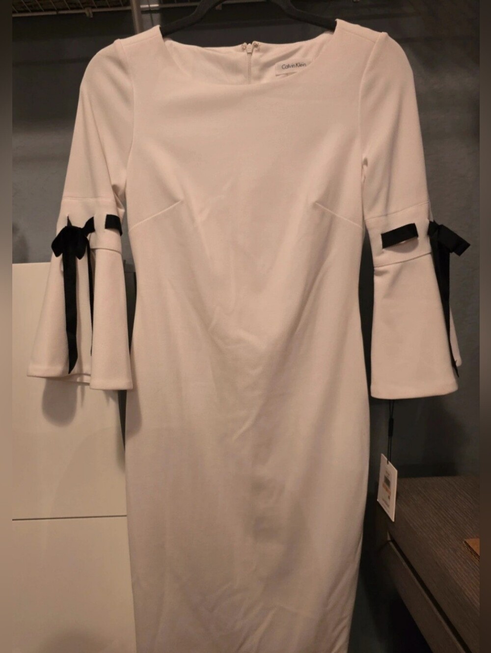 Calvin Klein White Midi Sheath Dress with Black Ribbon Sleeves [2]